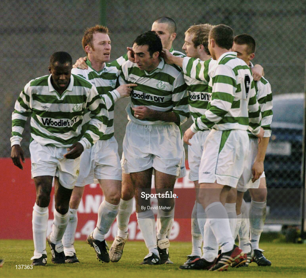16 April 2004; Terry Palmer of Shamrock Rovers, centre, celebrates with team-mates after scoring his side's first goal during the Eircom League Premier Division match between Bohemians and Shamrock Rovers at Dalymount Park in Dublin. Photo by David Maher/Sportsfile