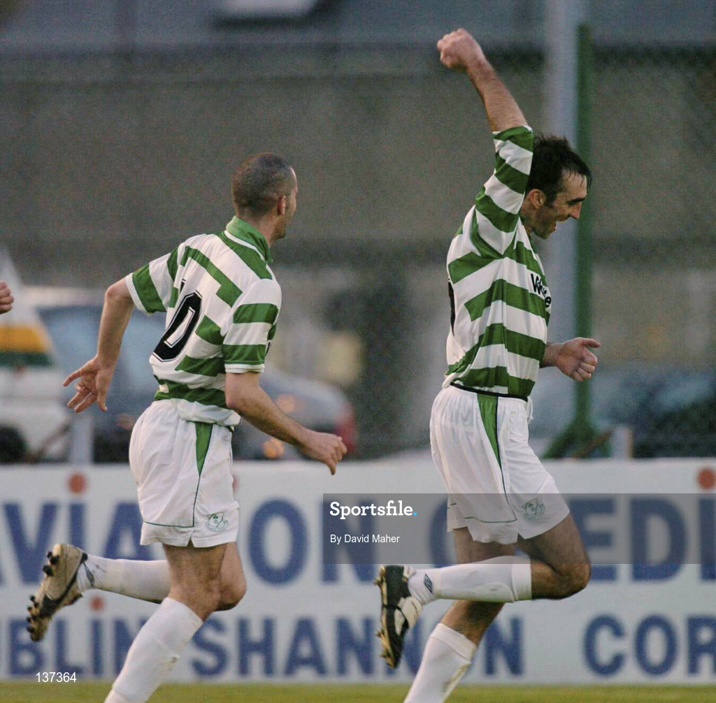 16 April 2004; Terry Palmer of Shamrock Rovers, right, celebrates with team-mate Paul Caffrey after scoring his side's first goal during the Eircom League Premier Division match between Bohemians and Shamrock Rovers at Dalymount Park in Dublin. Photo by David Maher/Sportsfile