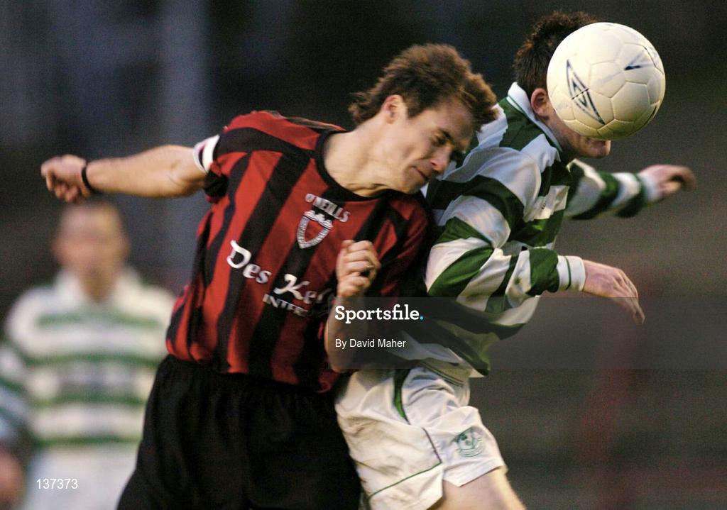 16 April 2004; Mark O'Brien of Shamrock Rovers in action against Kevin Hunt of Bohemians during the Eircom League Premier Division match between Bohemians and Shamrock Rovers at Dalymount Park in Dublin. Photo by David Maher/Sportsfile