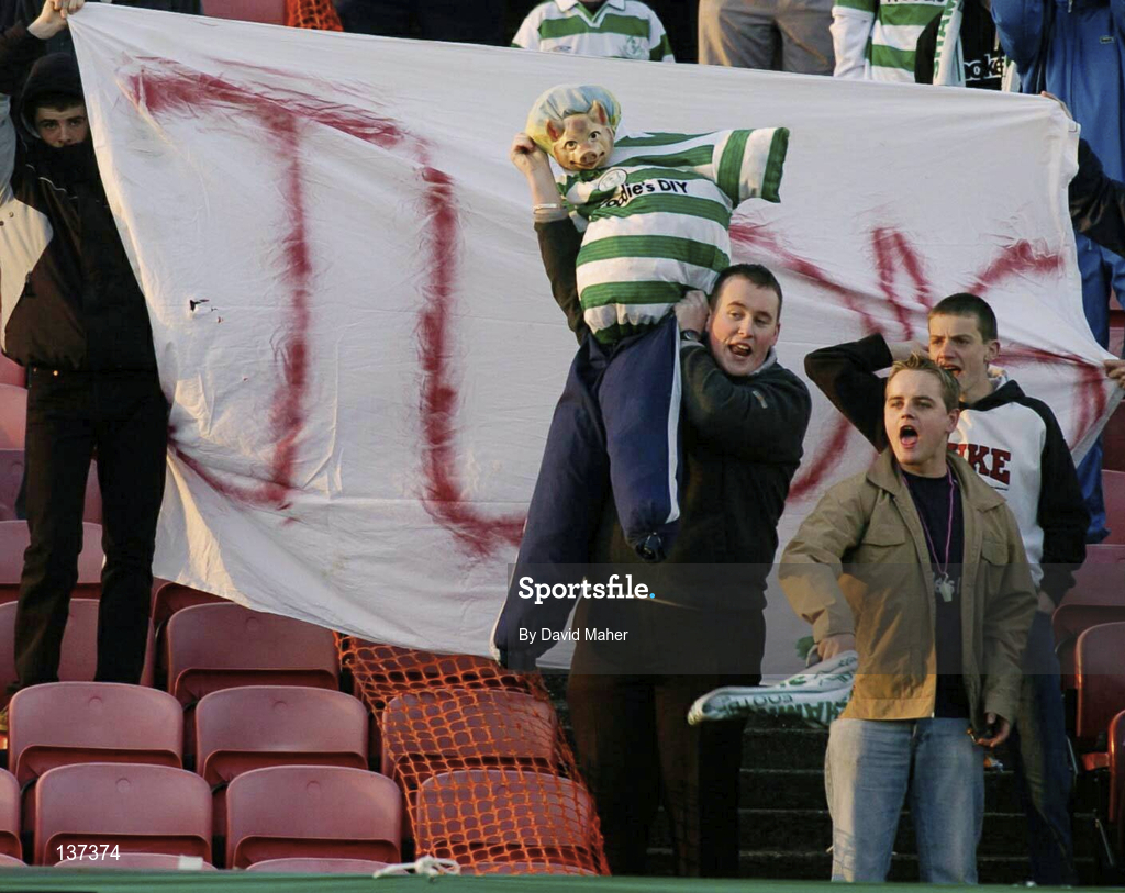 16 April 2004; Shamrock Rovers supporters display a pig's head in a Shamrock Rovers jersey during the Eircom League Premier Division match between Bohemians and Shamrock Rovers at Dalymount Park in Dublin. Photo by David Maher/Sportsfile