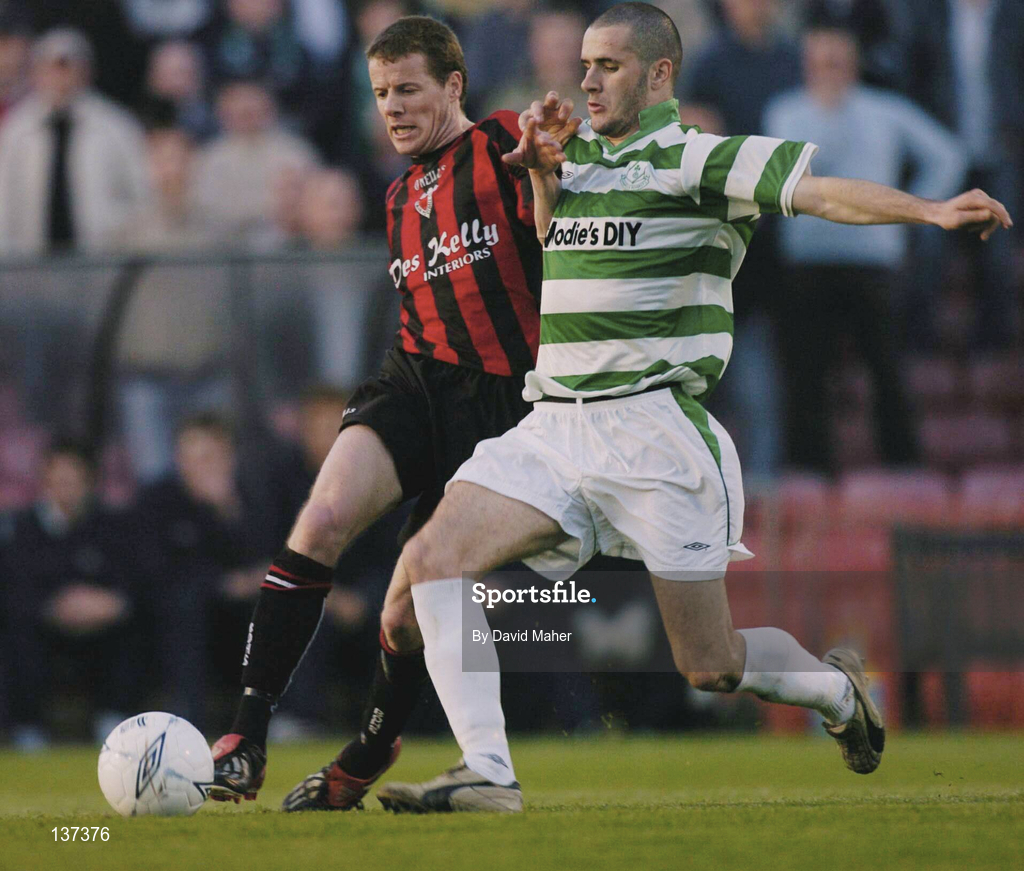 16 April 2004; James Keddy of Bohemians in action against Paul Caffrey of Shamrock Rovers during the Eircom League Premier Division match between Bohemians and Shamrock Rovers at Dalymount Park in Dublin. Photo by David Maher/Sportsfile