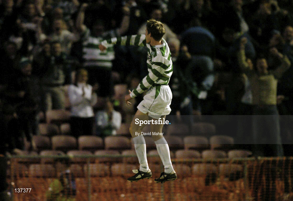 16 April 2004; Jason McGuinness of Shamrock Rovers celebrates after scoring his side's second goal during the Eircom League Premier Division match between Bohemians and Shamrock Rovers at Dalymount Park in Dublin. Photo by David Maher/Sportsfile