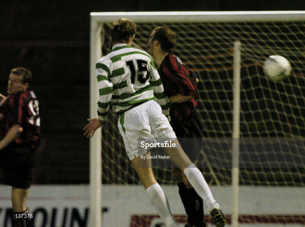 16 April 2004; Jason McGuinness of Shamrock Rovers heads to score his side's second goal during the Eircom League Premier Division match between Bohemians and Shamrock Rovers at Dalymount Park in Dublin. Photo by David Maher/Sportsfile