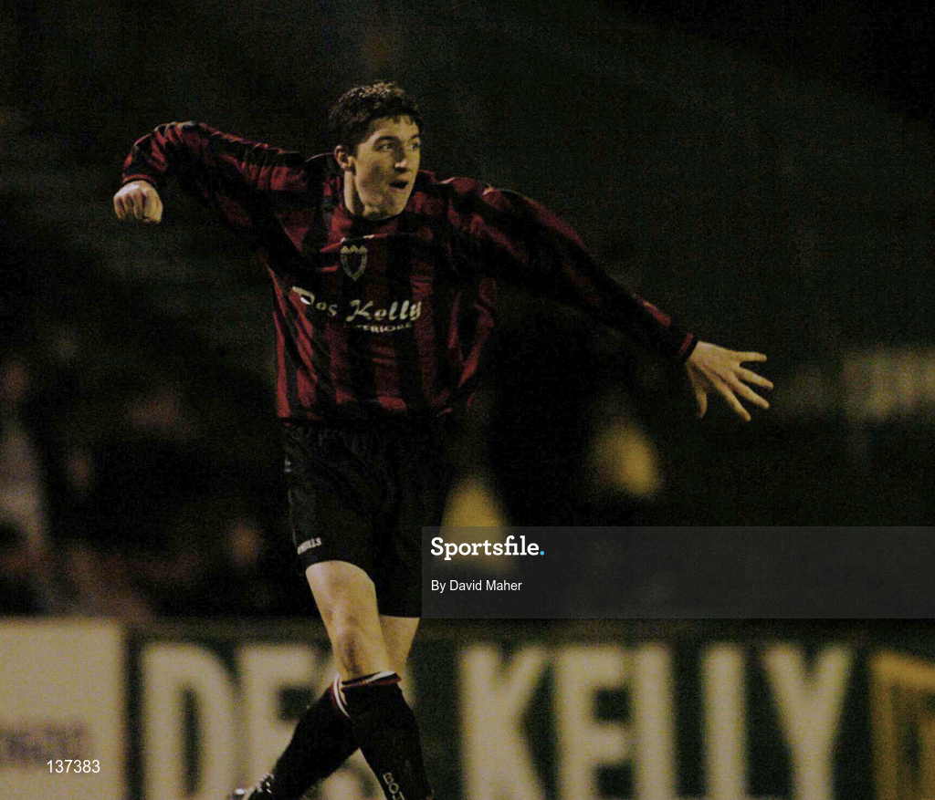 16 April 2004; Stephen Ward of Bohemians celebrates after scoring his side's first goal during the Eircom League Premier Division match between Bohemians and Shamrock Rovers at Dalymount Park in Dublin. Photo by David Maher/Sportsfile