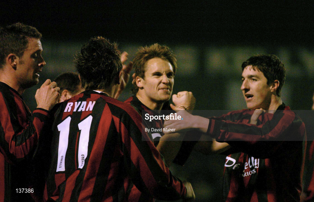 16 April 2004; Kevin Hunt of Bohemians, centre, celebrates with team-mates after scoring his side's second goal during the Eircom League Premier Division match between Bohemians and Shamrock Rovers at Dalymount Park in Dublin. Photo by David Maher/Sportsfile