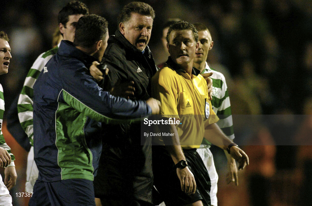 16 April 2004; Shamrock Rovers assistant manager Liam O'Brien remonstrates with referee Paul McKeon following the Eircom League Premier Division match between Bohemians and Shamrock Rovers at Dalymount Park in Dublin. Photo by David Maher/Sportsfile