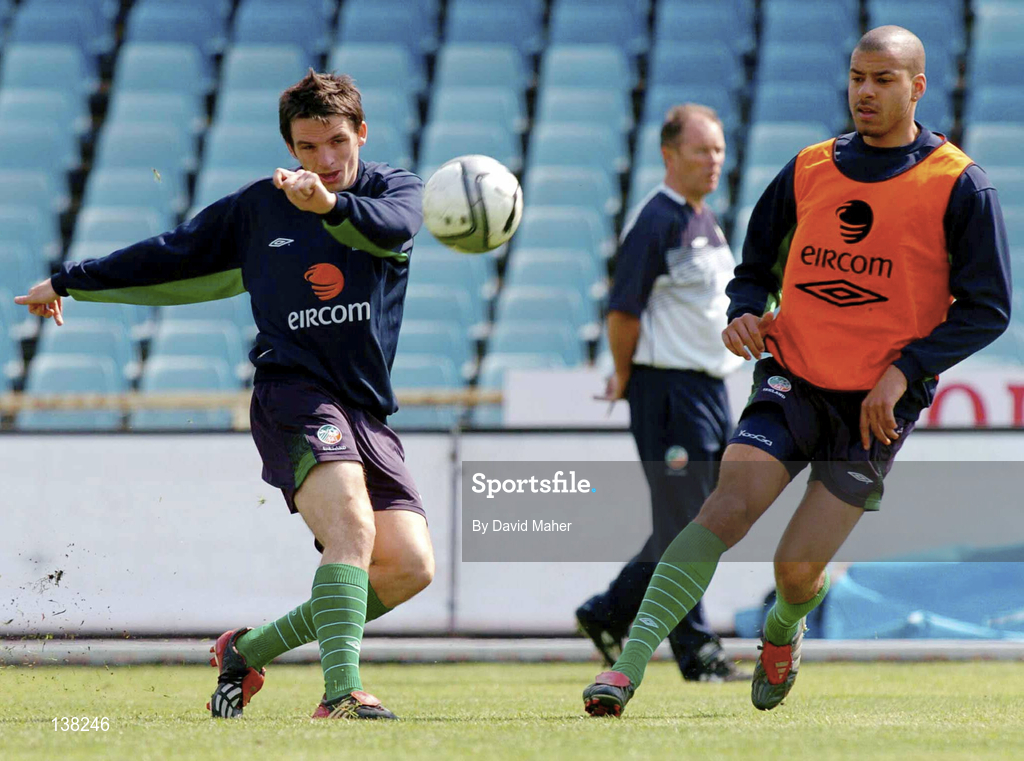 27 April 2004; Jonathan Douglas, left, and Steven Reid during a Republic of Ireland training session at the Zdzis aw Krzyszkowiak Stadium in Bydgoszcz, Poland. Photo by David Maher/Sportsfile