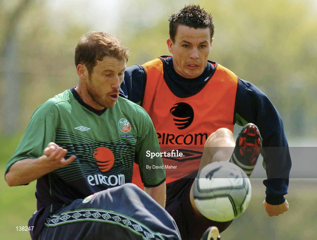 27 April 2004; Kenny Cunningham, left, and Ian Harte during a Republic of Ireland training session at the Zdzis aw Krzyszkowiak Stadium in Bydgoszcz, Poland. Photo by David Maher/Sportsfile