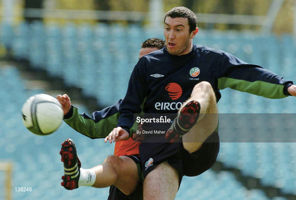27 April 2004; Jason Byrne, right, and Ian Harte during a Republic of Ireland training session at the Zdzis aw Krzyszkowiak Stadium in Bydgoszcz, Poland. Photo by David Maher/Sportsfile
