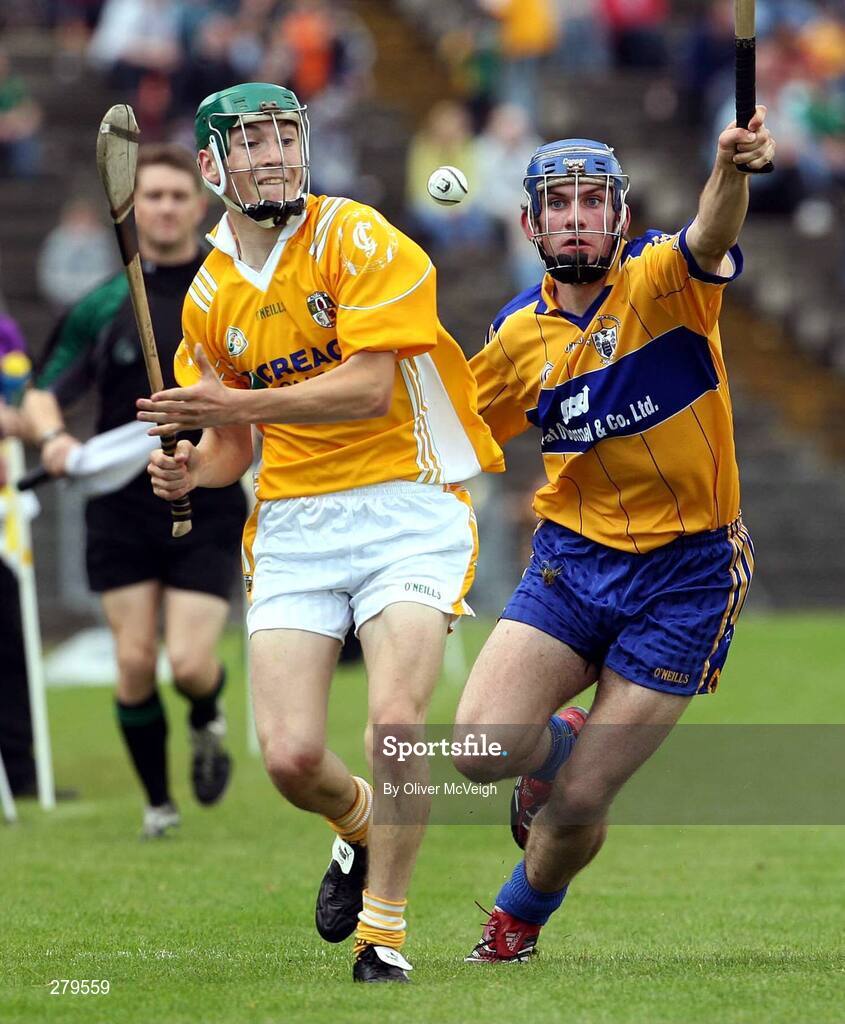 30 June 2007; Paul Shields, Antrim, in action against James McInerney, Clare. Guinness All-Ireland Hurling Championship Qualifier, Group 1A, Round 1, Antrim v Clare, Casement Park, Belfast, Co. Antrim. Picture credit: Oliver McVeigh / SPORTSFILE