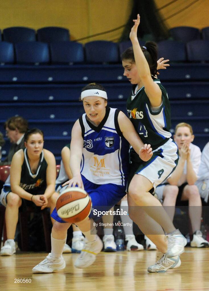 26 January 2008; Emma Gallagher, Team Montenotte Hotel Cork, in action against Niamh O'Hagan, Meteors. Women's U-20 National Cup Final 2008, Team Montenotte Hotel Cork v Meteors, National Basketball Arena, Tallaght, Dublin. Picture credit: Stephen McCarthy / SPORTSFILE