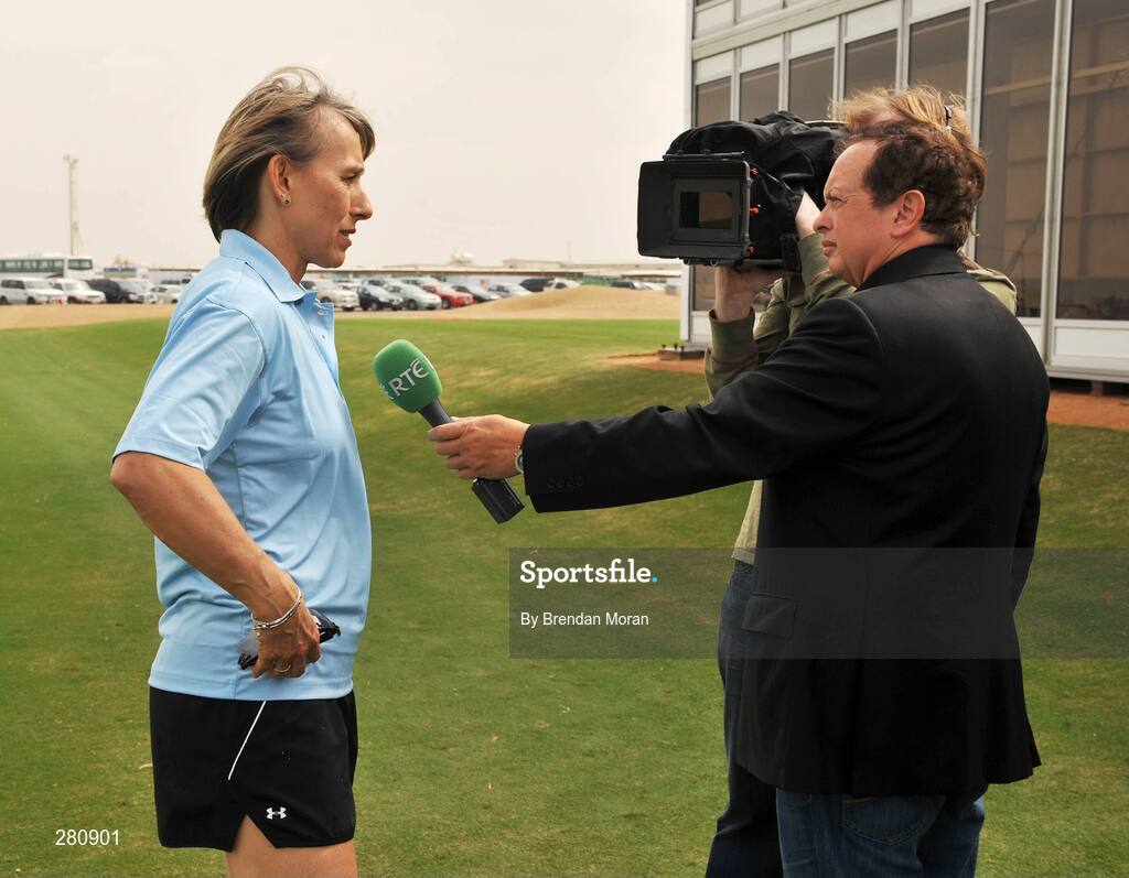 28 January 2008; Tennis legend Martina Navratilova being interviewed by Marty Morrissey of RTE television during the opening day of The Els Course in the new Dubai Sports City. Dubai, United Arab Emirates. Picture credit: Brendan Moran / SPORTSFILE