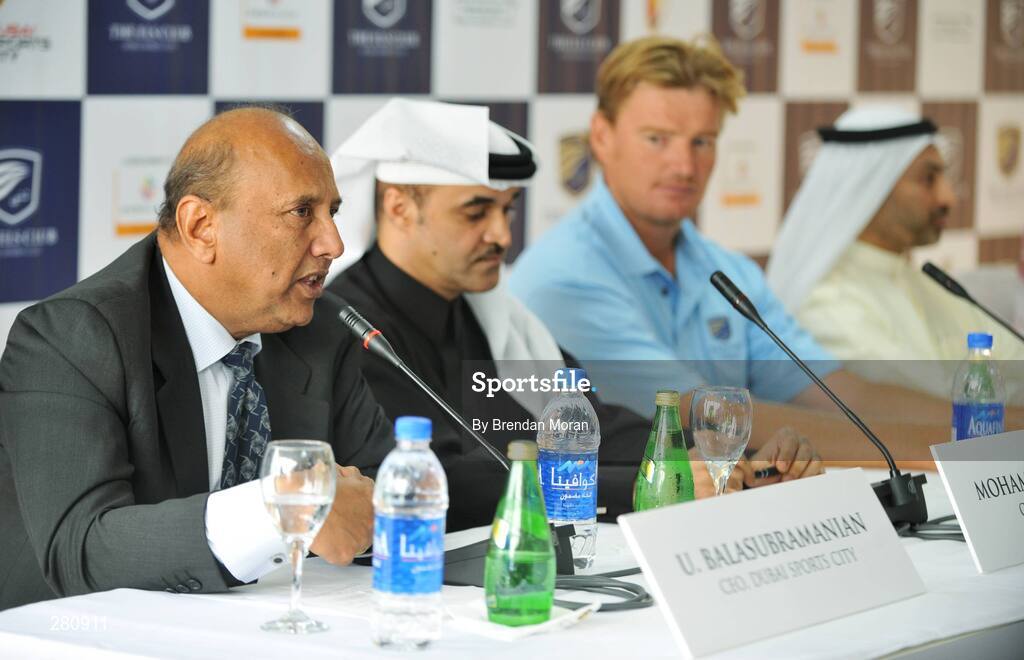 28 January 2008; U Balasubramanian, left, CEO, Dubai Sports City, in the copany of Mohammed Al Habbai, CEO, Dubailand and Ernie Els, speaking during the opening day of The Els Course in the new Dubai Sports City. Dubai, United Arab Emirates. Picture credit: Brendan Moran / SPORTSFILE