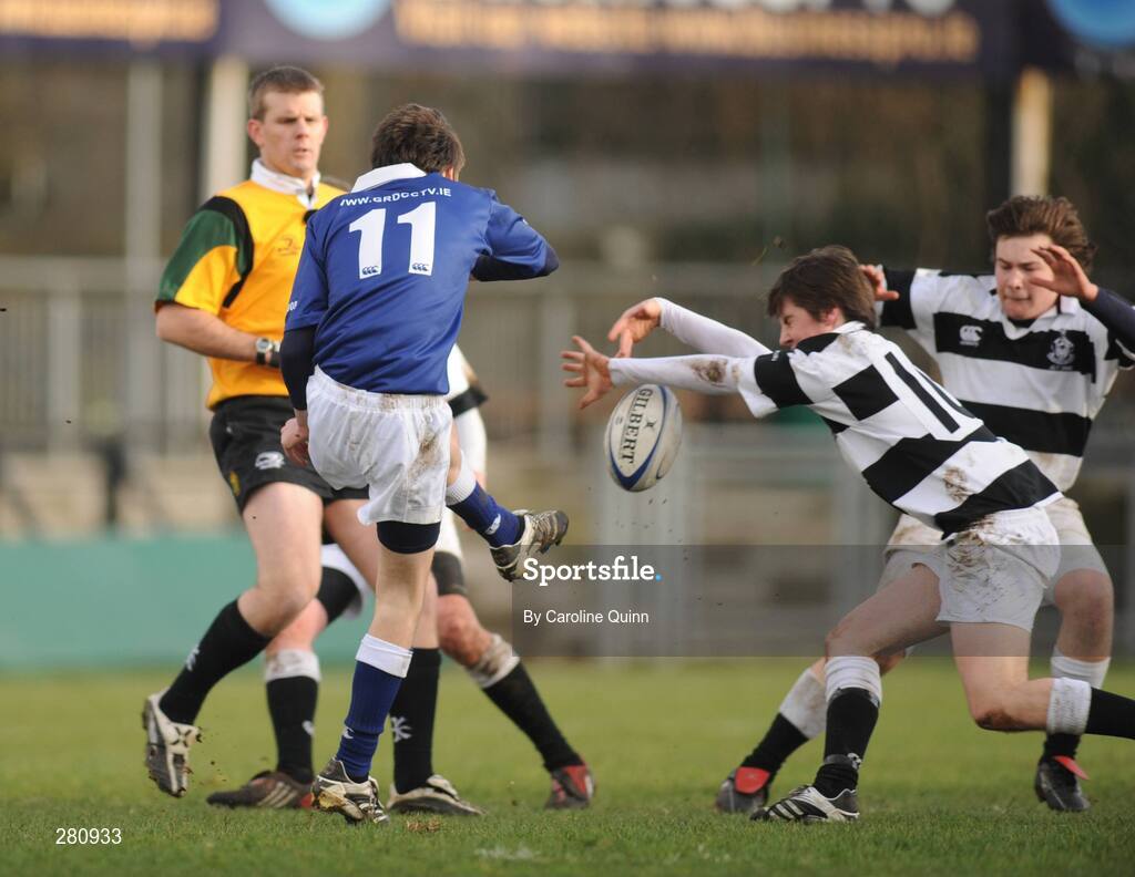 31 January 2008; Carl Moloney, St Mary's, has his kick blocked by David Carey, Belvedere. Leinster Schools Junior Cup, Belvedere College v St Mary's College, Donnybrook, Dublin. Picture credit; Caroline Quinn / SPORTSFILE