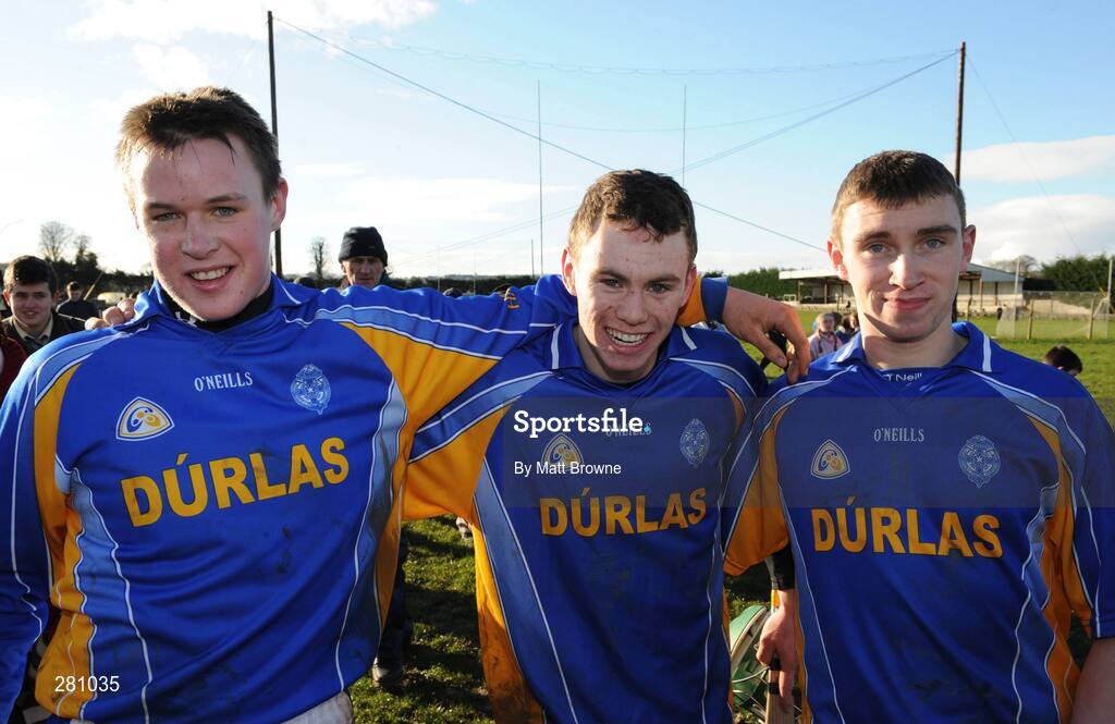 1 February 2008; Thurles CBS players Rory Ryan, centre, with David Butler, left, and Peter Ryan, after the win against Our Lady's Templemore. Harty Cup quarter-final replay, Our Lady's Templemore v Thurles CBS, The Ragg, Tipperary. Picture credit; Matt Browne / SPORTSFILE