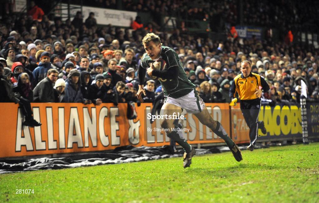 1 February 2008; Tommy Bowe, Ireland A, on his way to scoring his side's first try. England Saxons v Ireland A, Welford Road, Leicester, England. Picture credit; Stephen McCarthy / SPORTSFILE