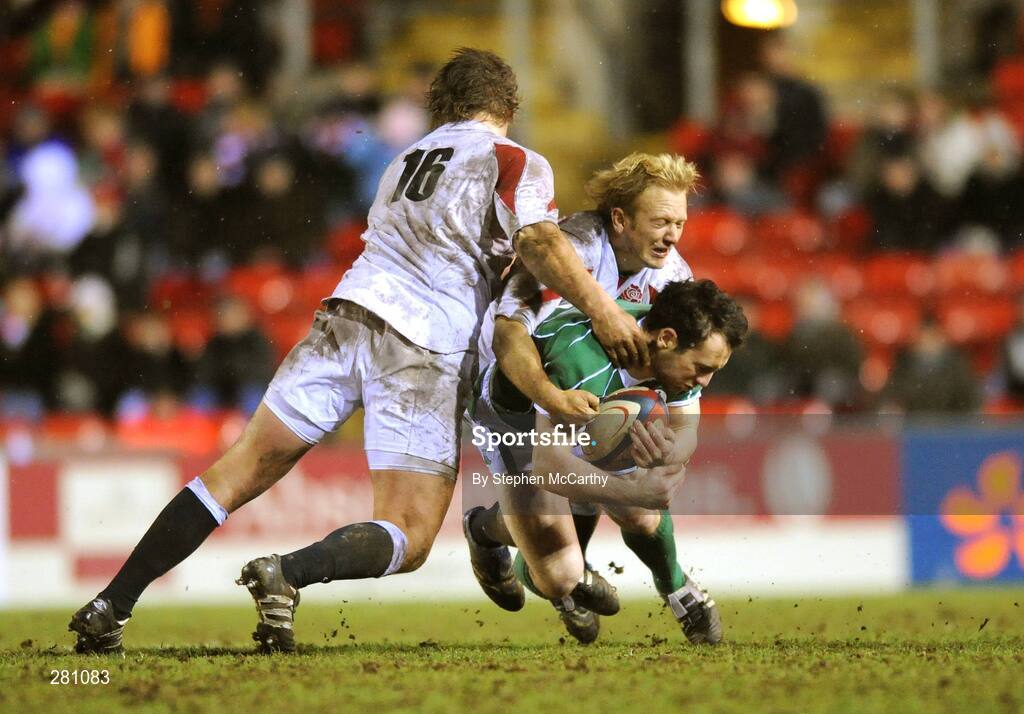1 February 2008; Daniel O'Riordan, Ireland A, is tackled by Shane Geraghty and Dyalan Hartley, 16, England Saxons. England Saxons v Ireland A, Welford Road, Leicester, England. Picture credit; Stephen McCarthy / SPORTSFILE