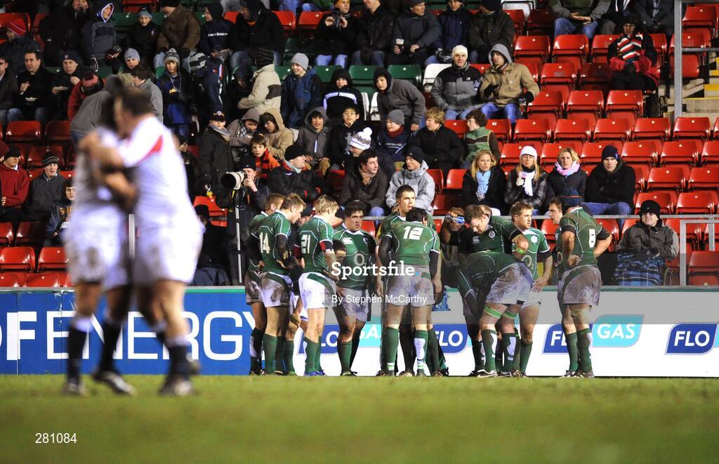 1 February 2008; The Ireland A players regroup after conceding another try. England Saxons v Ireland A, Welford Road, Leicester, England. Picture credit; Stephen McCarthy / SPORTSFILE