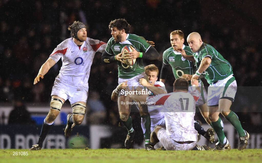 1 February 2008; Shane Horgan, Ireland A, is tackled by Nick Kennedy, left, Will Skinner and David Wilson, 17, England Saxons. England Saxons v Ireland A, Welford Road, Leicester, England. Picture credit; Stephen McCarthy / SPORTSFILE