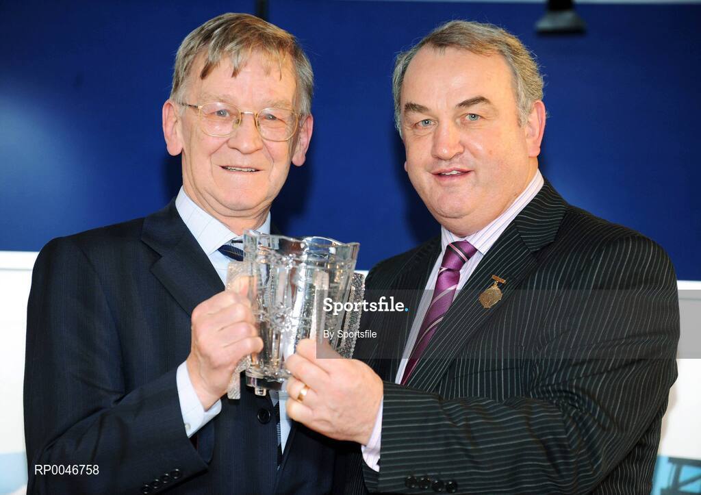 26 January 2008; Aubrey Higgins, from Galway, who refereed the All Ireland Football Final of 1964 is presented with his Hall of Fame award by GAA President Nickey Brennan at the 2008 National Referee's Awards Banquet. Croke Park, Dublin. Photo by Sportsfile