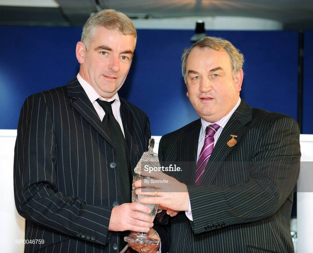 26 January 2008; Referee Peter Carney, from Roscommon, who has been a referee since 1999, is presented with his retirement award by GAA President Nickey Brennan at the 2008 National Referee's Awards Banquet. Croke Park, Dublin. Photo by Sportsfile