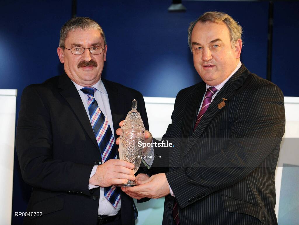 26 January 2008; Referee Pat Horan, from Kildare, who has been a referee since 1980, is presented with his retirement award by GAA President Nickey Brennan at the 2008 National Referee's Awards Banquet. Croke Park, Dublin. Photo by Sportsfile