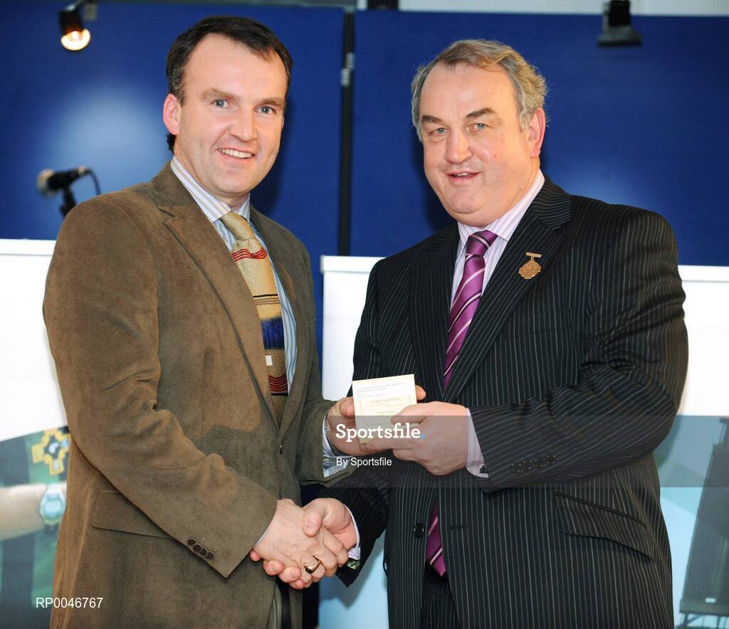 26 January 2008; Diarmuid Kirwan, from Cork, who refereed the All-Ireland Senior Hurling Championship Final between Kilkenny v Limerick, is presented with his All-Ireland Referees award by GAA President Nickey Brennan at the 2008 National Referee's Awards Banquet. Croke Park, Dublin. Photo by Sportsfile
