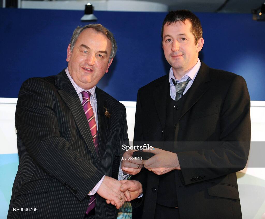 26 January 2008; Referee Syl Doyle, from Wexford, who refereed the All-Ireland Senior Club Football Championship Final between Crossmaglen Rangers and Dr Crokes, is presented with his Club Finals Referee award by GAA President Nickey Brennan at the 2008 National Referee's Awards Banquet. Croke Park, Dublin. Photo by Sportsfile