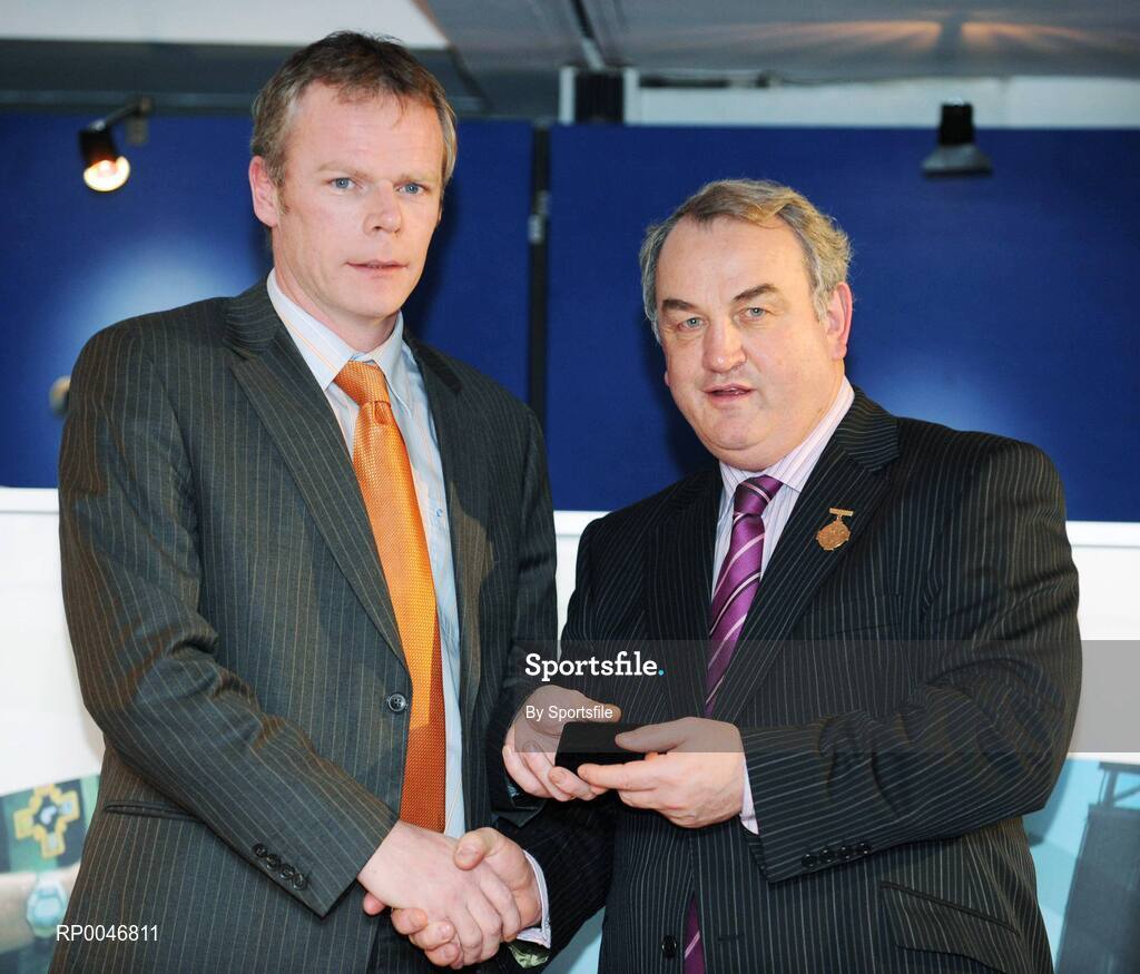 26 January 2008; Referee Eoin Shaughnesy, from Galway, is presented with his Division 3 Shield Referees award by GAA President Nickey Brennan at the 2008 National Referee's Awards Banquet. Croke Park, Dublin.Photo by Sportsfile