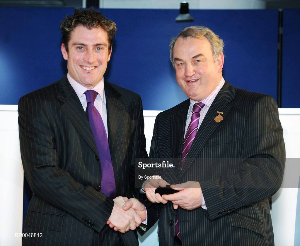 26 January 2008; Referee Seamus Roche, from Tipperary, who refereed the Allianz National Hurling League, Division 1 Final between Kilkenny and Waterford, is presented with his referees award by GAA President Nickey Brennan at the 2008 National Referee's Awards Banquet. Croke Park, Dublin. Photo by Sportsfile