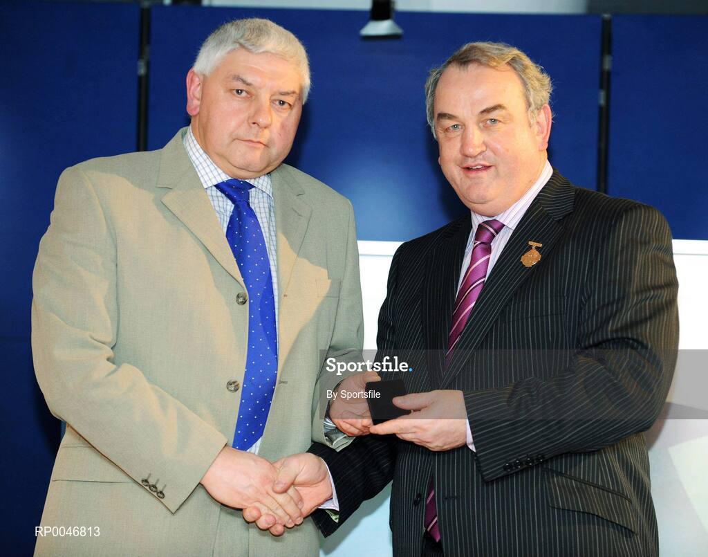26 January 2008; Referee Seanie McMahon, from Clare, who refereed the Allianz National Hurling League, Division 2 Final between Laois and Wicklow, is presented with his referees award by GAA President Nickey Brennan at the 2008 National Referee's Awards Banquet. Croke Park, Dublin. Photo by Sportsfile