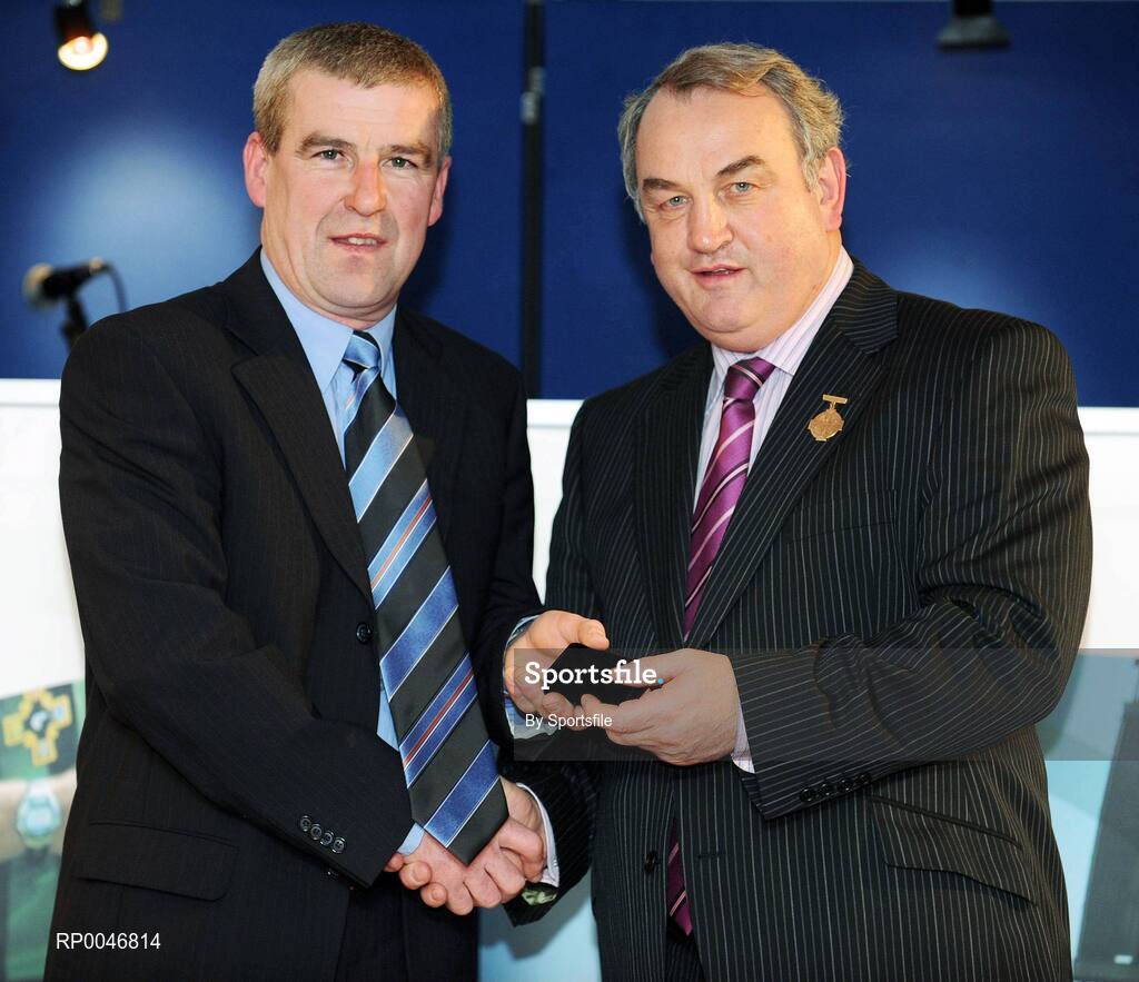 26 January 2008; Referee Pat Greene, from Galway, who refereed the Allianz National Hurling League, Division 3 Final between Roscommon and Sligo, is presented with his referees award by GAA President Nickey Brennan at the 2008 National Referee's Awards Banquet. Croke Park, Dublin. Photo by Sportsfile