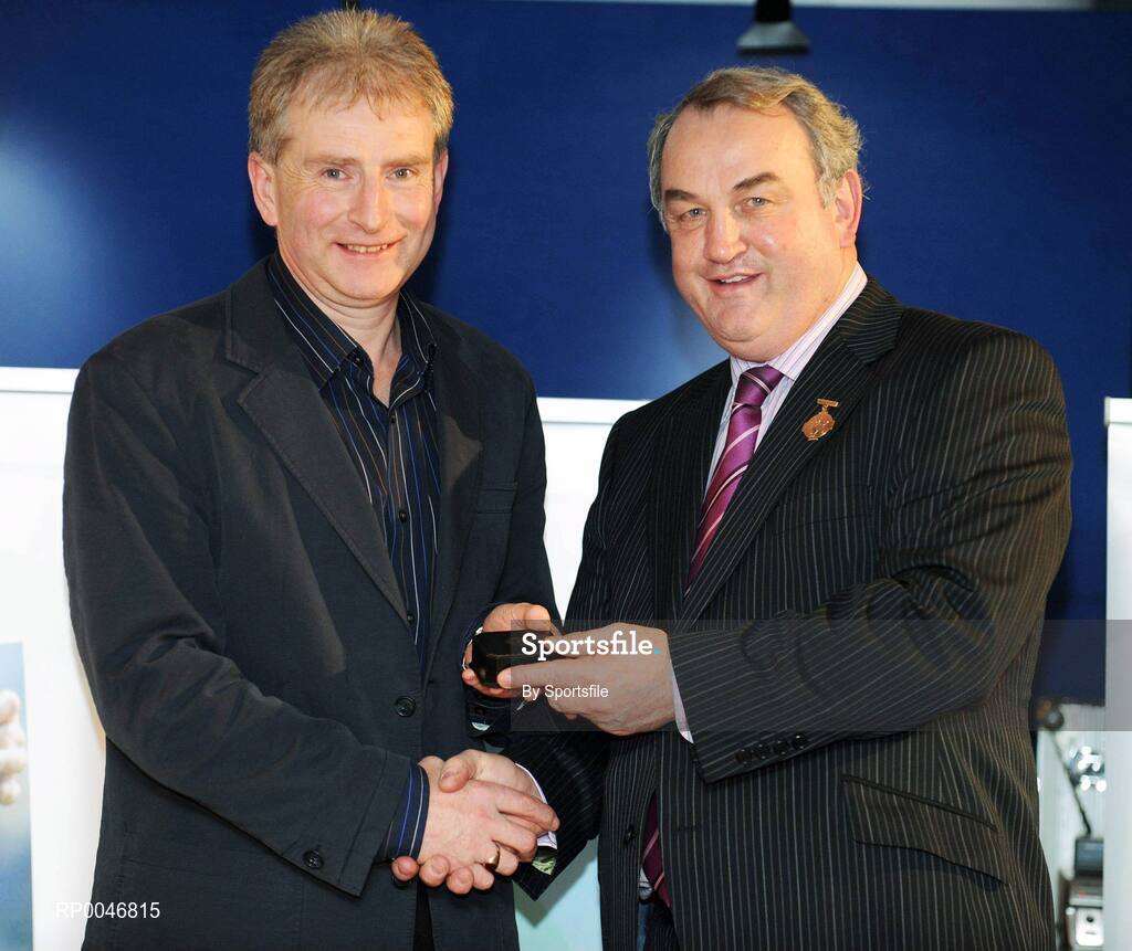 26 January 2008; Referee Ger Hoey, from Clare, who refereed the All-Ireland Junior Club Hurling Final between Danesfort and Clooney Gaels, is presented with a referees award by GAA President Nickey Brennan at the 2008 National Referee's Awards Banquet. Croke Park, Photo by Sportsfile