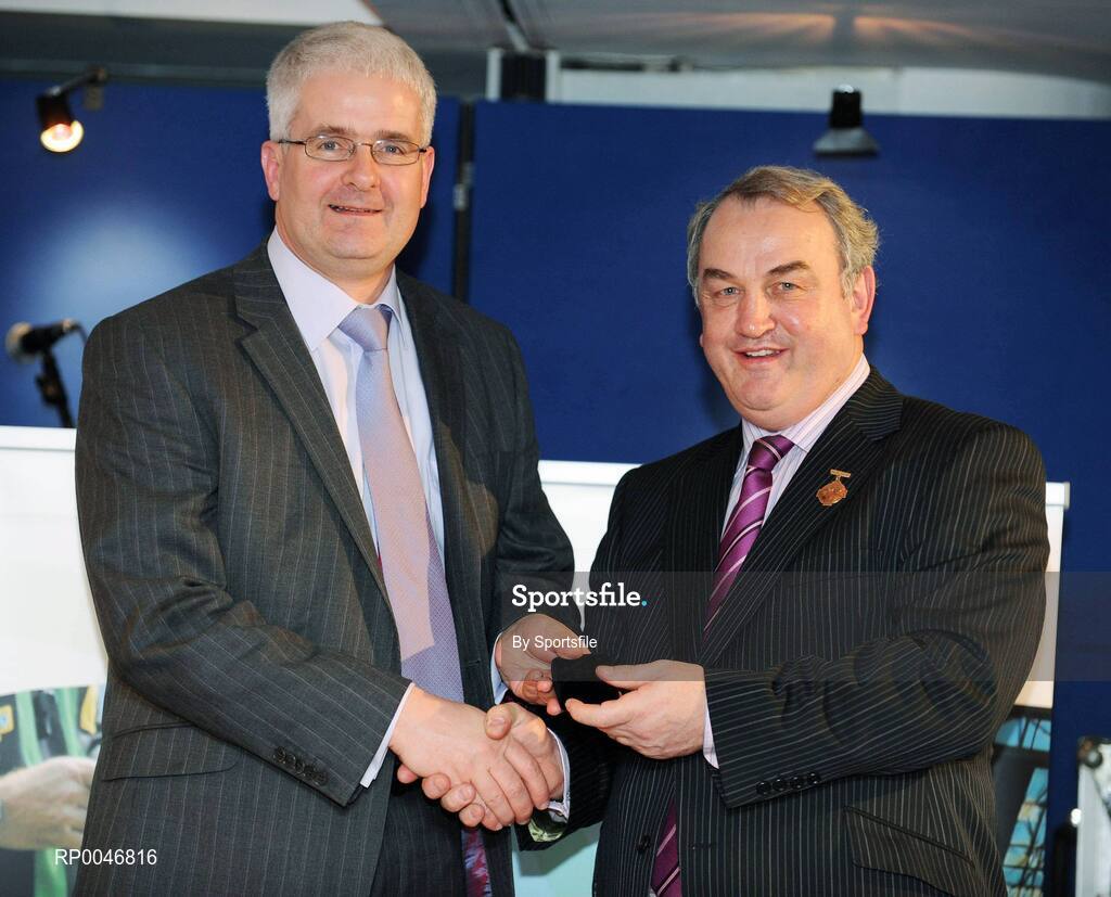 26 January 2008; Referee John Bannon from Longford, who refereed the Allianz National Football League, Division 1 Final between Donegal and Mayo, is presented with his referees award by GAA President Nickey Brennan at the 2008 National Referee's Awards Banquet. Croke Park, Dublin. Photo by Sportsfile