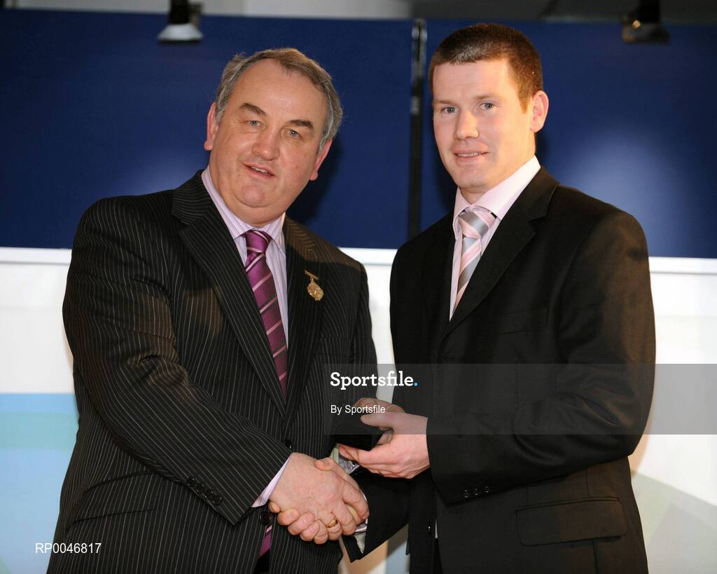 26 January 2008; Referee Padraig Hughes from Armagh, who refereed the Allianz National Football League, Division 2 Final between Roscommon and Meath, is presented with his referees award by GAA President Nickey Brennan at the 2008 National Referee's Awards Banquet. Croke Park, Dublin. Photo by Sportsfile