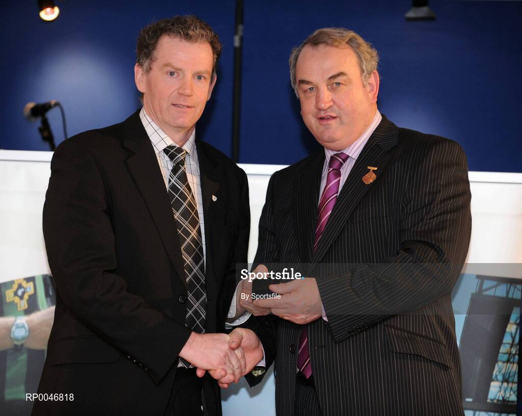 26 January 2008; Referee Vincent Neary from Mayo, who refereed the All-Ireland U21 Football Championship Final between Laois and Cork, is presented with his referees award by GAA President Nickey Brennan at the 2008 National Referee's Awards Banquet. Croke Park, Dublin. Photo by Sportsfile