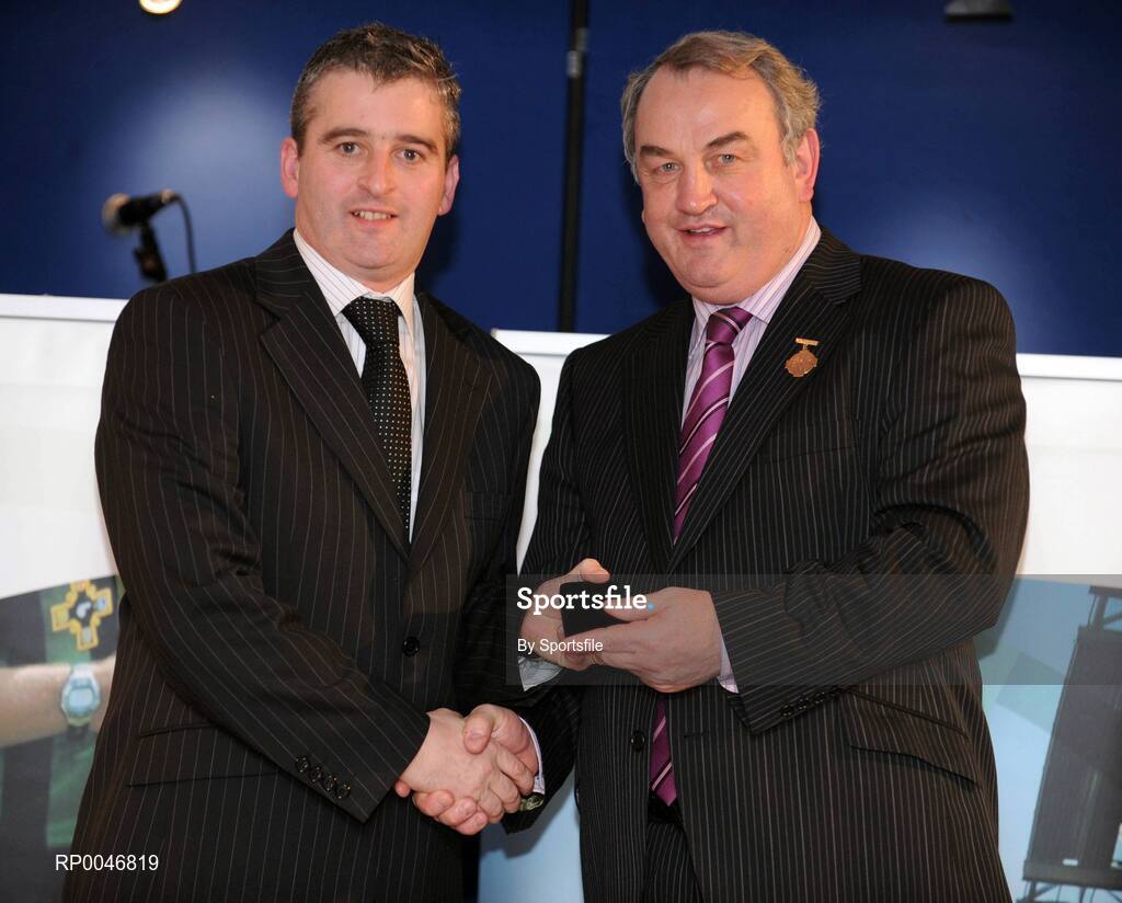 26 January 2008; Referee Johnny Ryan from Tipperary, who refereed the All-Ireland U21 Hurling Championship Final between Dublin and Galway, is presented with his referees award by GAA President Nickey Brennan at the 2008 National Referee's Awards Banquet. Croke Park, Dublin. Photo by Sportsfile