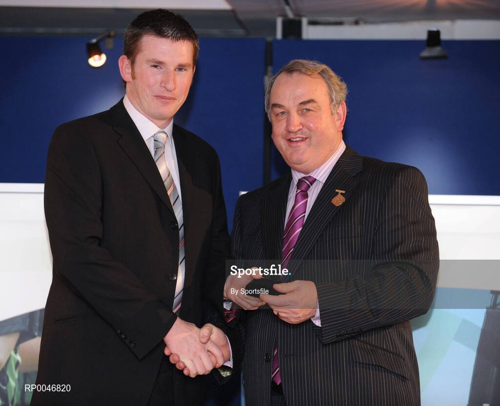 26 January 2008; Referee Declan O'Driscoll from Limerick, who refereed the All-Ireland U21 B Hurling Championship Final between Roscommon and Kerry, is presented with his referees award by GAA President Nickey Brennan at the 2008 National Referee's Awards Banquet. Croke Park, Dublin. Photo by Sportsfile