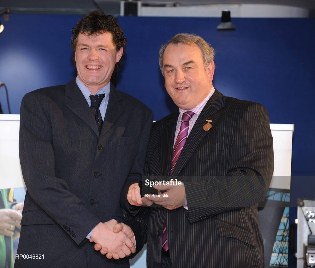 26 January 2008; Referee Tony Carroll from Offaly, who refereed the All-Ireland Minor B Hurling Championship Final between Meath and Kildare, is presented with his referees award by GAA President Nickey Brennan at the 2008 National Referee's Awards Banquet. Croke Park, Dublin. Photo by Sportsfile