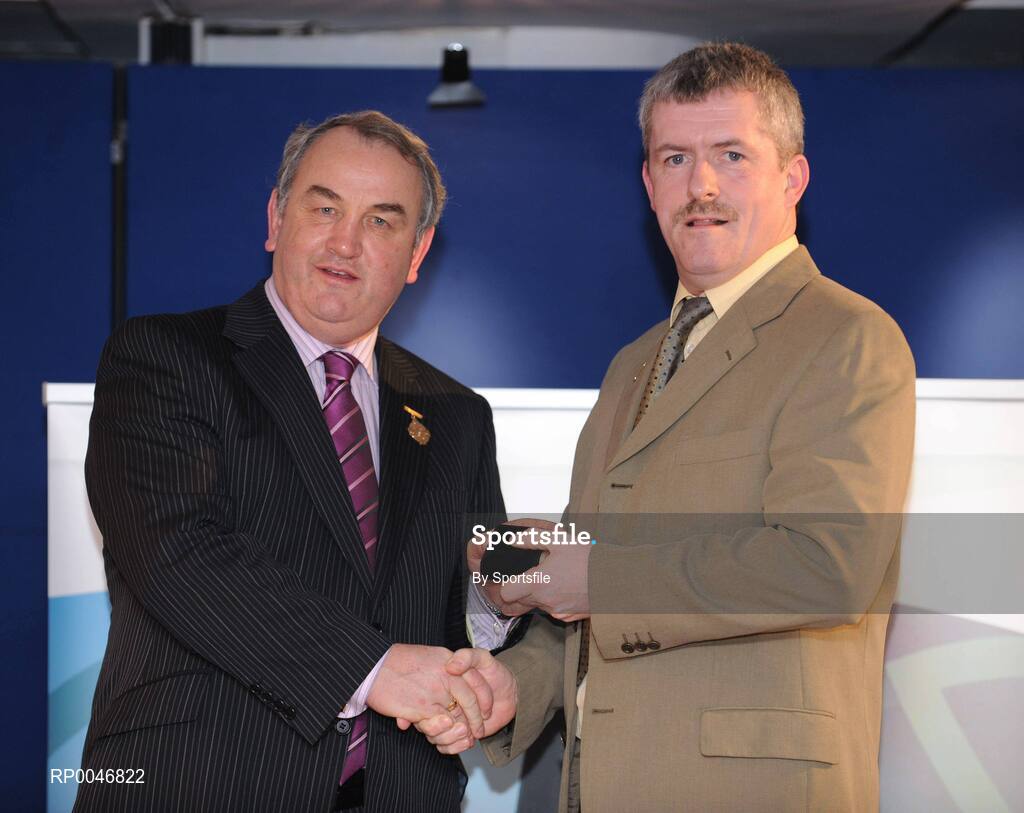 26 January 2008; Referee Joe Kelly from Wexford, who refereed the Nicky Rackard Cup Final between Armagh and Roscommon, is presented with his referees award by GAA President Nickey Brennan at the 2008 National Referee's Awards Banquet. Croke Park, Dublin. Photo by Sportsfile