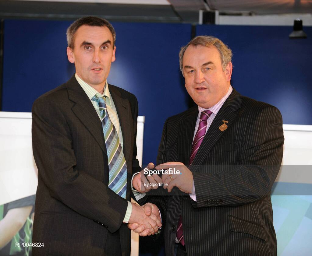 26 January 2008; Referee Declan Magee from Down, who refereed the Inter-Provincial Hurling Championships Final between Munster and Connacht, is presented with his referee award by GAA President Nickey Brennan at the 2008 National Referee's Awards Banquet. Croke Park, Dublin. Photo by Sportsfile