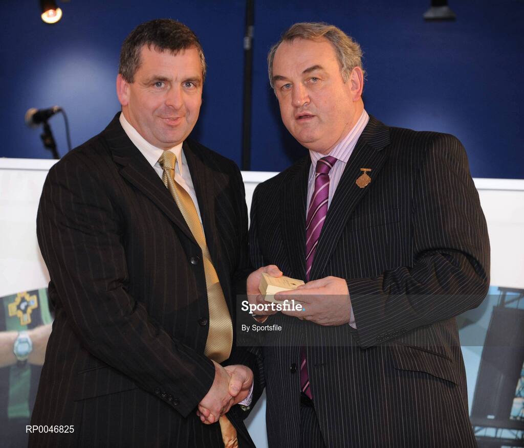 26 January 2008; Referee Eugene Murtagh from Longford, is presented with his all Ireland Senior Club Football Final Replay referees award by GAA President Nickey Brennan at the 2008 National Referee's Awards Banquet. Croke Park, Dublin. Photo by Sportsfile