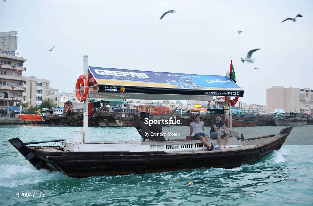 30 January 2008; Grainne Nulty, right, Meath, and Carline O'Hanlon, Armagh, relax on a traditional Arba boat in Dubai creek in old town in Dubai. O'Neills/TG4 Ladies Gaelic Football All Star Tour 2007, Le Meridien Mina Seyahi Beach Resort and Marina, Dubai, United Arab Emirates. Picture credit: Brendan Moran / SPORTSFILE  *** Local Caption ***