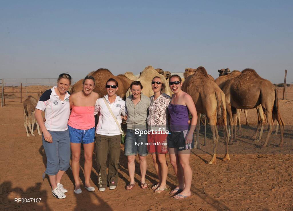 28 January 2008; Members of the Ladies All Stars team with camels during a Safari trip, from left, Angela Walsh, Cork, Brid Stack, Cork, Caoimhe Marley, Armagh, Briege Corkery, Cork, Nollaig Cleary, Cork and Rena Buckley, Cork. O'Neills/TG4 Ladies Gaelic Football All Star Tour 2007, Dubai, United Arab Emirates. Picture credit: Brendan Moran / SPORTSFILE  *** Local Caption ***