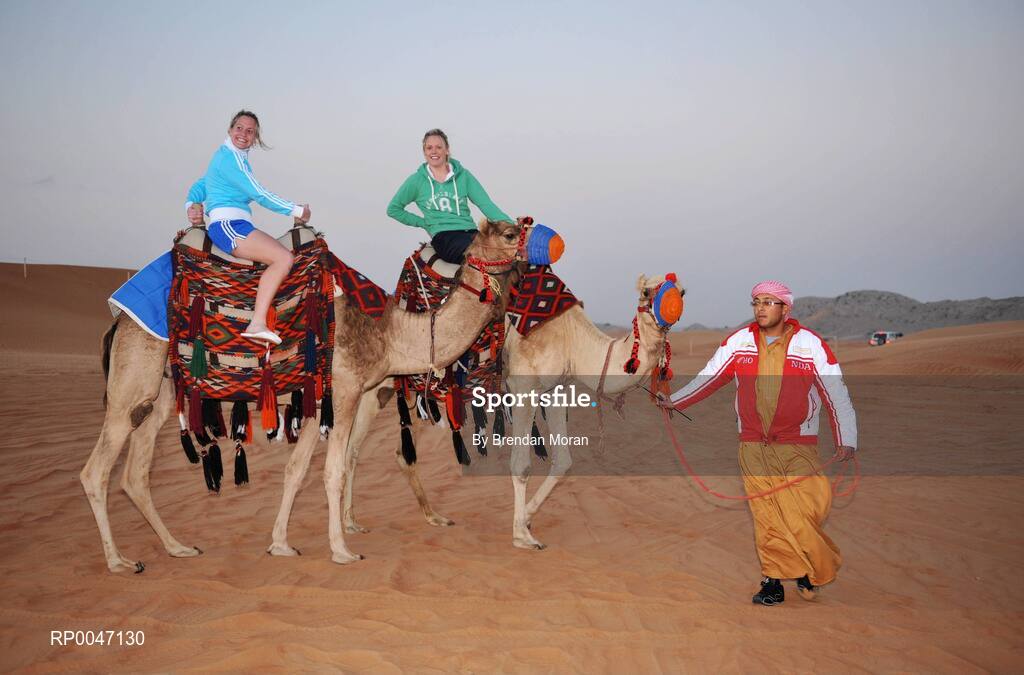 30 January 2008; Cork footballers Brid Stack, left, and Angela Walsh try out some camel rides during a Safari Trip. O'Neills/TG4 Ladies Gaelic Football All Star Tour 2007, Dubai, United Arab Emirates. Picture credit: Brendan Moran / SPORTSFILE