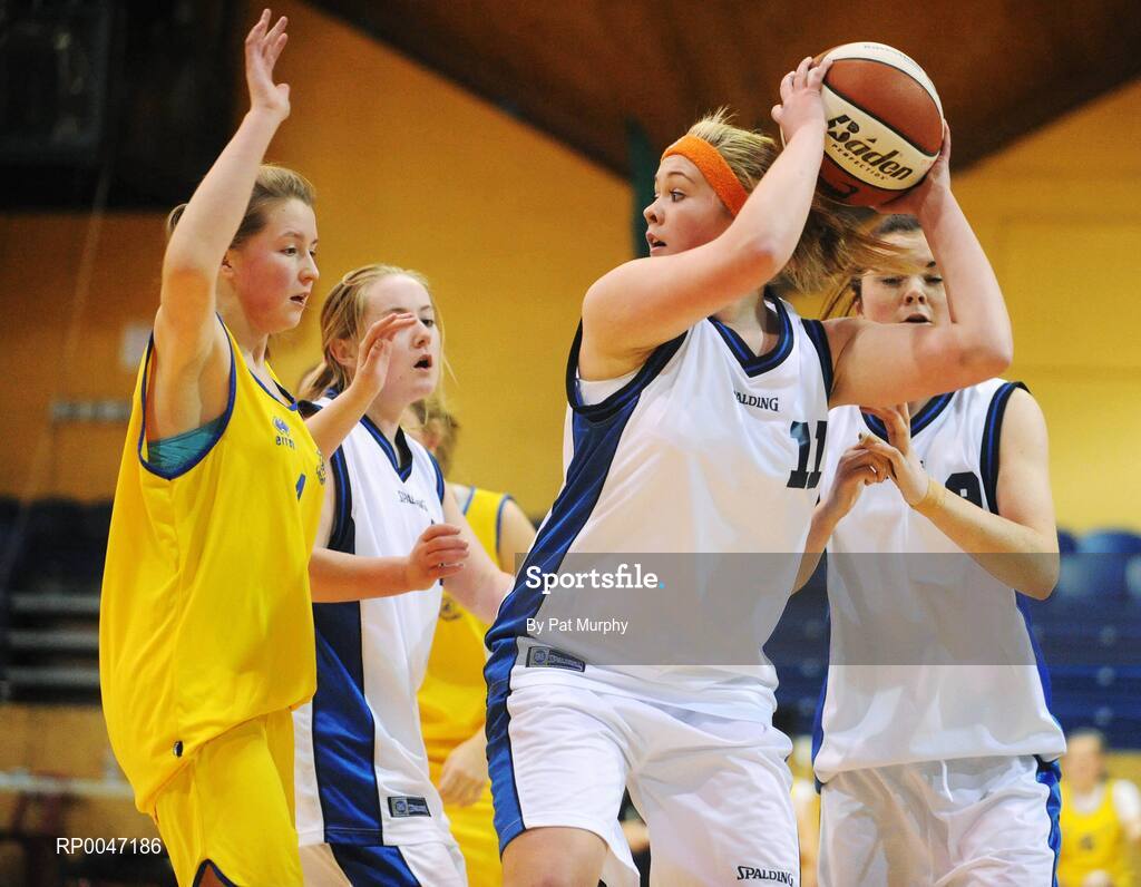 30 January 2008; Emma Kellett, St. Mary’s Nenagh, in action against Laura Murphy, Wilson’s Hospital. U16C Girls, All-Ireland Schools Basketball Cup Final, Wilson’s Hospital, Westmeath v St. Mary’s Nenagh, Tipperary, National Basketball Arena, Tallaght, Dublin. Picture credit: Pat Murphy / SPORTSFILE