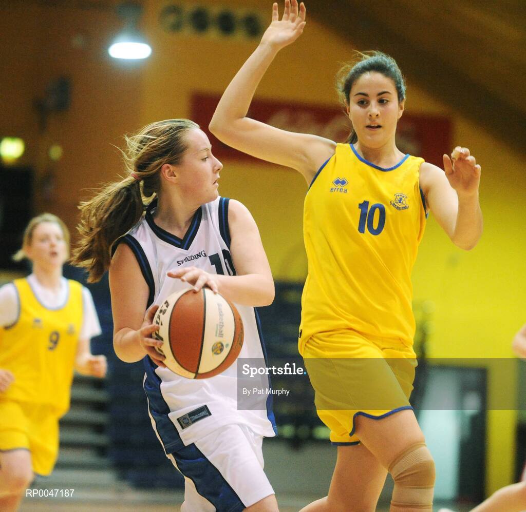 30 January 2008; Lisa Maher, St. Mary’s Nenagh, in action against Flavia Calvar, Wilson’s Hospital. U16C Girls, All-Ireland Schools Basketball Cup Final, Wilson’s Hospital, Westmeath v St. Mary’s Nenagh, Tipperary, National Basketball Arena, Tallaght, Dublin. Picture credit: Pat Murphy / SPORTSFILE