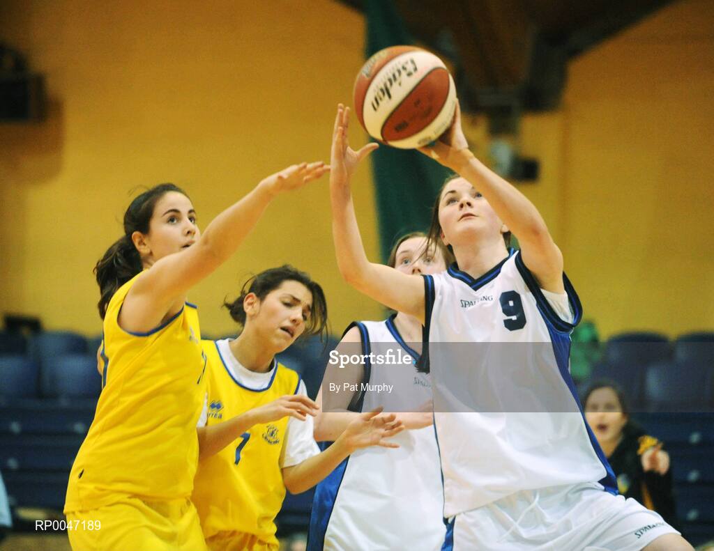 30 January 2008; Amy Kennedy, St. Mary’s Nenagh, in action against Flavia Calvar, Wilson’s Hospital. U16C Girls, All-Ireland Schools Basketball Cup Final, Wilson’s Hospital, Westmeath v St. Mary’s Nenagh, Tipperary, National Basketball Arena, Tallaght, Dublin. Picture credit: Pat Murphy / SPORTSFILE
