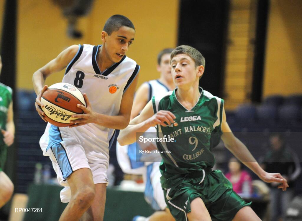 31 January 2008; Travis Black, Ard Scoil Ris Dublin, in action against Joe Gorman, St. Malachy’s College. U19B Boys, All-Ireland Schools Basketball Cup Final, Ard Scoil Ris Dublin v St. Malachy’s College, Belfast, National Basketball Arena, Tallaght, Dublin. Picture credit: Brian Lawless / SPORTSFILE