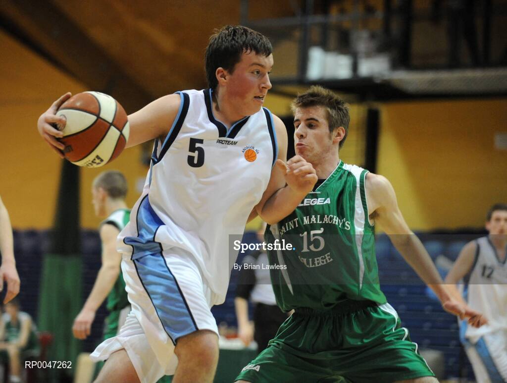 31 January 2008; Stephen Brooks, Ard Scoil Ris Dublin, in action against Aidan Arkins, St. Malachy’s College. U19B Boys, All-Ireland Schools Basketball Cup Final, Ard Scoil Ris Dublin v St. Malachy’s College, Belfast, National Basketball Arena, Tallaght, Dublin. Picture credit: Brian Lawless / SPORTSFILE
